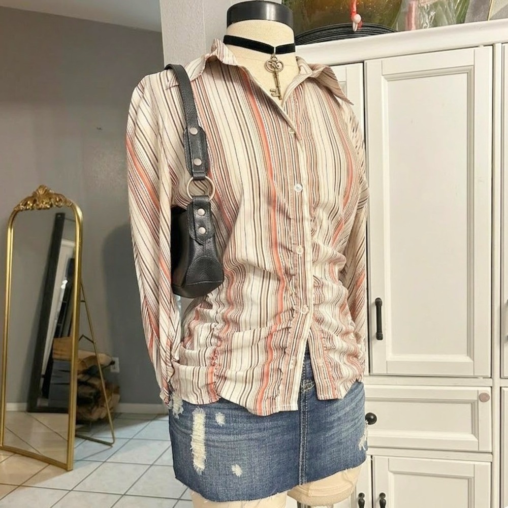 Cotton Express Women Striped Ruched Button Down Shirt Orange Brown Small